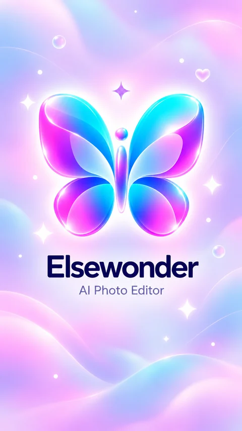 Elsewonder marka illüstrasyonu: “Elsewonder — AI Photo Editor” yazısının üzerinde yanardöner bir kelebek.